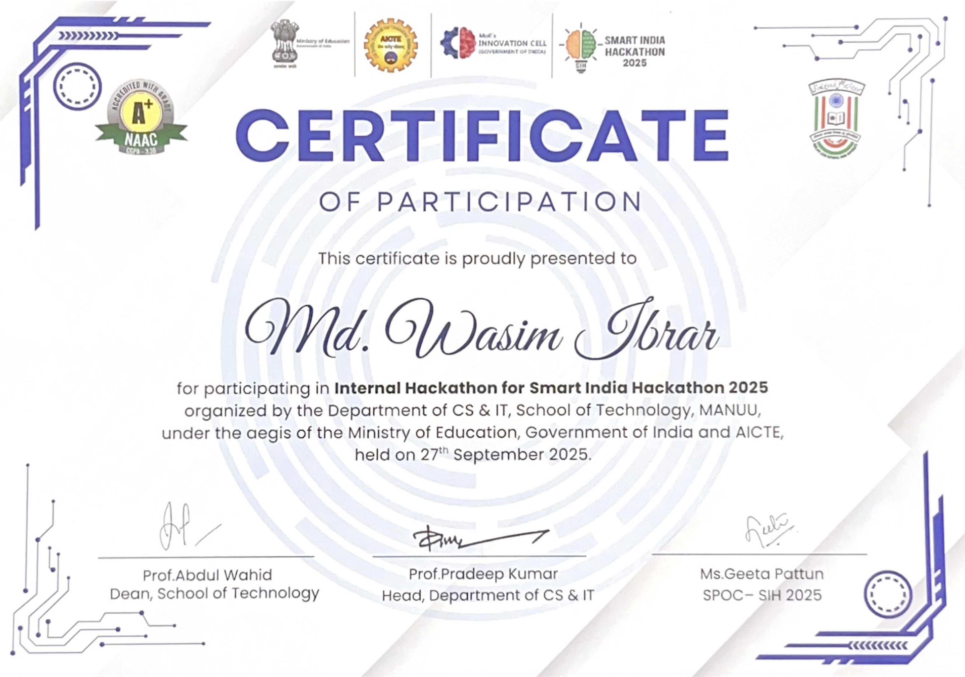 Wasim Ibrar-SIH Certificate